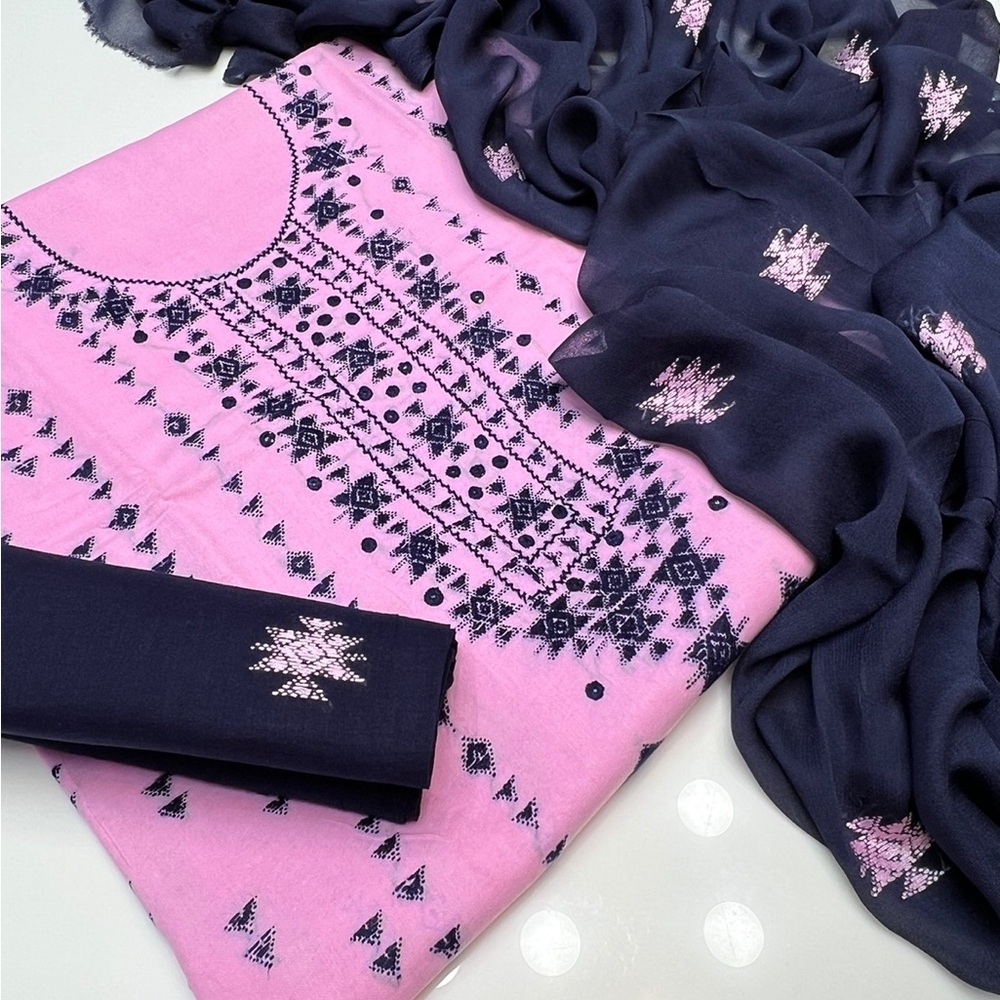 Pink and Navy Embroidered Fabric Set